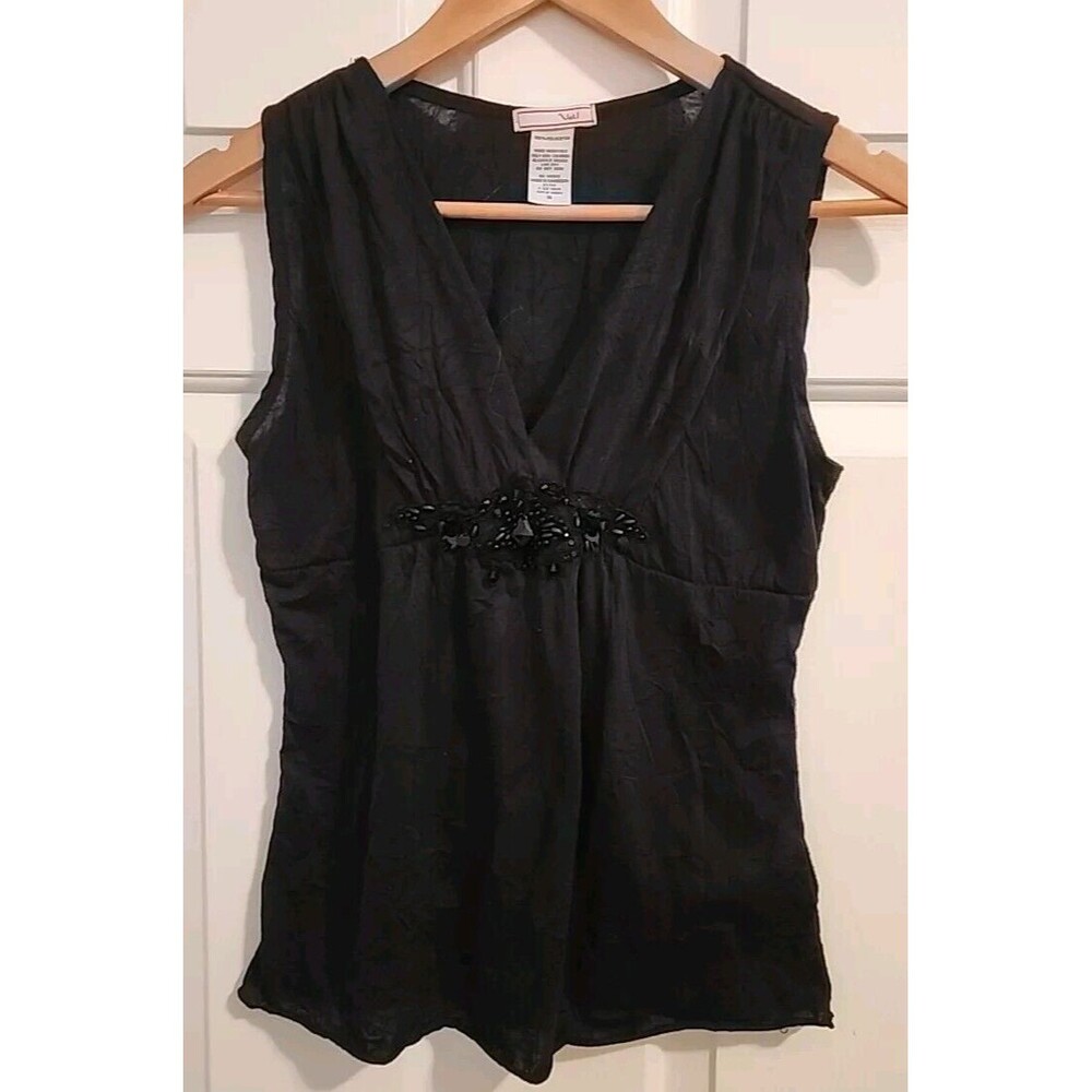 Vol Black Womens Small top Sleevless Beaded Lightweight  Chiffon Blouse